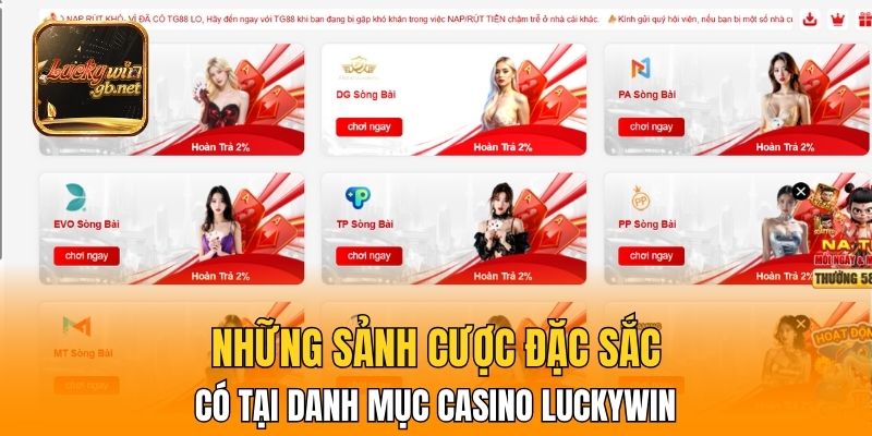 Những sảnh cược đặc sắc có tại danh mục Casino Luckywin